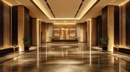 Luxurious hotel lobby interior with marble floor and warm lighting.
