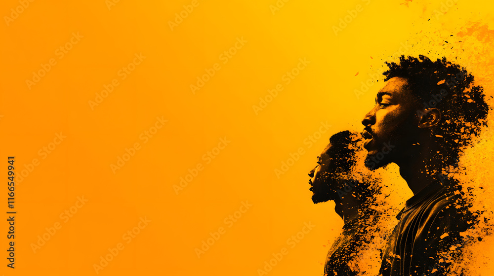 Poster silhouettes of men against a vibrant orange background create a striking visual effect