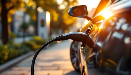 Naklejka premium Electric Car Charging at Modern Station During Golden Sunset
