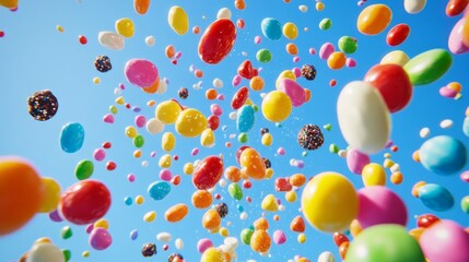 Candy Rain: Colorful Assorted Chewy Sweets Falling from the Sky with Intricate Details and Glossy Finishes