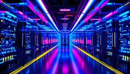 Fototapeta premium High-Tech Server Room with Blue and Pink Neon Glow