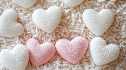 Obraz premium Pink and white heart shapes on fluffy beige surface