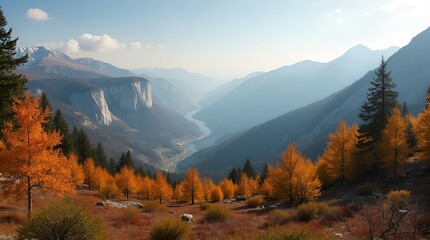 Autumnal Panorama: Breathtaking View of a Mountain Valley with Golden Larch Trees,  Serene Lake, and Majestic Peaks under a Clear Sky