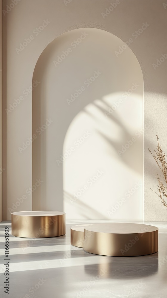 Poster a minimalist approach to product display with three elegant podiums, positioned in a spacious settin