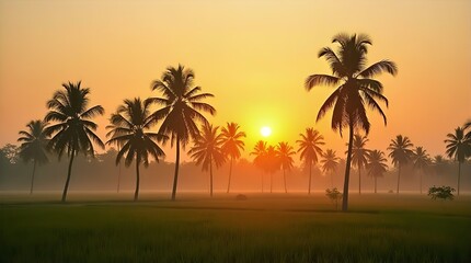 Fototapeta premium Serene Sunrise over a Misty Rice Paddy Field with Silhouetted Palm Trees
