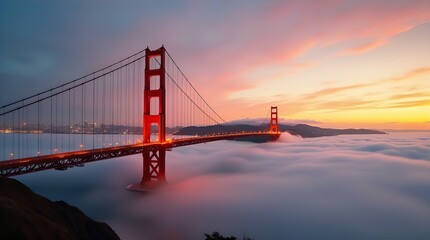 Obraz premium Golden Gate Bridge Enveloped in Fog at Sunset, San Francisco Bay Area, California