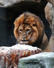 Obraz premium A majestic lion with a mane, intently observing food on a rock surface.