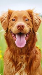 A happy golden dog with a big smile in a field of flowers.