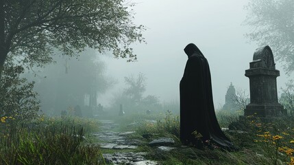 A Figure in Black in a Foggy Cemetery