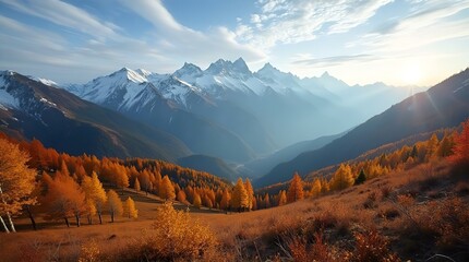 Fototapeta premium Breathtaking Autumnal Landscape: Golden Larch Trees Adorn a Valley Nestled Amidst Majestic Snow-Capped Mountains at Sunset, Captured from a High Vantage Point with a Soft Light Effect.