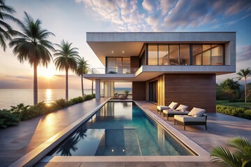Fototapeta premium Minimalist Luxury Beach House Pool Wallpaper - Modern Tropical Architecture