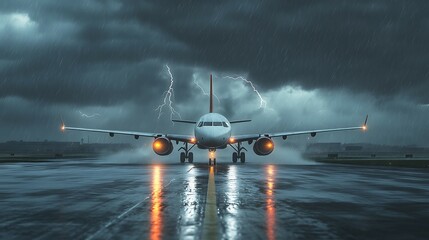 Airplane in the rain with lightning in the background.