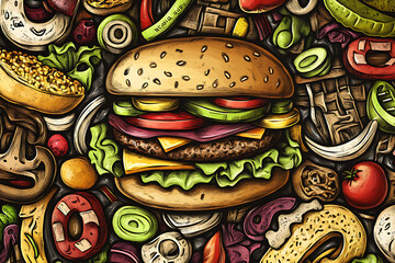 A colorful collage of various food items with a central hamburger.