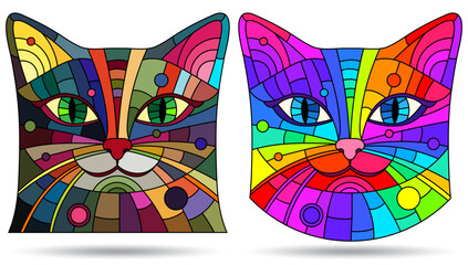 Fototapeta premium A set of stained glass illustrations with portraits of cats, animals isolated on a white background