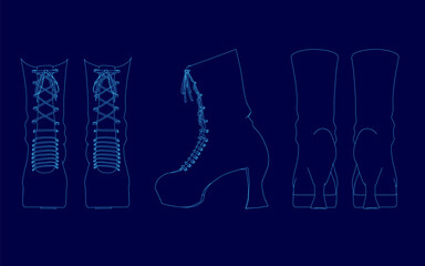 Series of blue images of shoes. The shoes are stylized and appear to be from a futuristic era