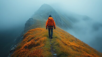 A lone hiker walks along a mountain ridge, shrouded in fog, with a sense of adventure and solitude.