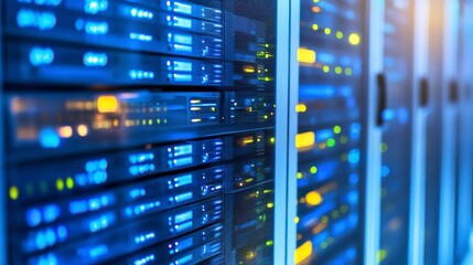 Close-Up View of High-Tech Data Center with Server Racks Featuring Illuminated LED Indicators, Showcasing Advanced Technology and Digital Processing Environment
