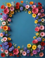 Obraz premium Colorful spring flowers arranged in a beautiful frame on a blue background with empty space , empty space, minimalist decor