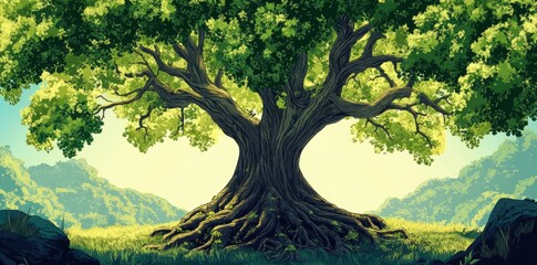 Naklejka premium Majestic Ancient Tree Stands Tall In Verdant Landscape