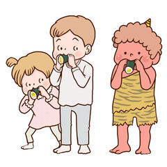 恵方巻を食べる子供たちと小鬼