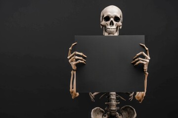 Skeleton holding blank frame on black background for Halloween card.
