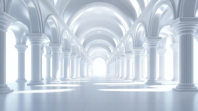 Grand white classical hall with columns and arches.