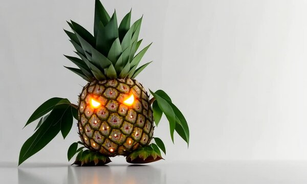 A creative pineapple sculpture with glowing eyes and leafy crown.