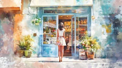 Fototapeta premium Beautiful young woman standing in front of a shop window. Digital watercolor painting