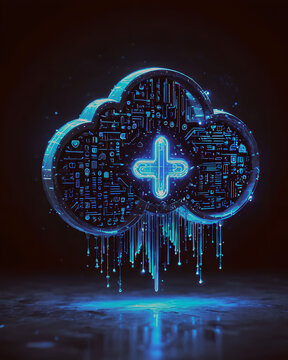 Cloud computing concept. 3d rendering toned image double exposure neon lights