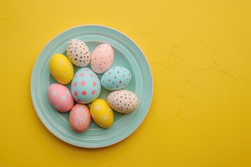 Happy Easter greeting card template. Flat lay colorful Easter eggs on plate on yellow background.