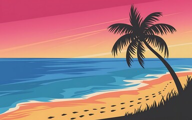 Obraz premium The palm tree silhouette is seen on a beach by the sea during a summer vacation.