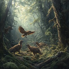 Fototapeta premium A mystical forest scene with birds interacting in a lush, vibrant environment.