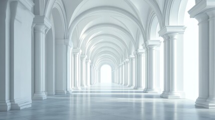 White marble colonnade with arched ceilings and bright light at the end.