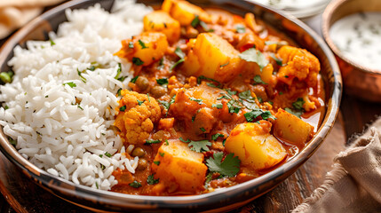 close up of rice paired with aloo gobi a traditional Indian curry featuring potatoes and cauliflower