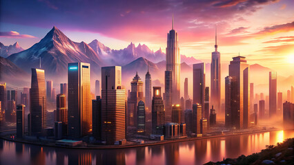 Obraz premium Futuristic cityscape with mountains at sunset, showcasing vibrant colors and reflections