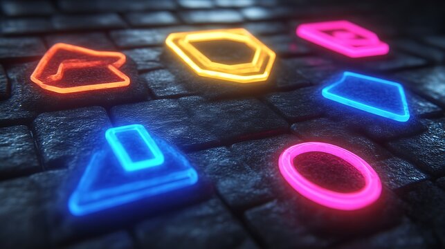 Neon Geometric Shapes on Dark Stone Surface - Powered by Adobe