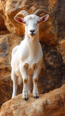 Fototapeta premium A white goat stands on rocky terrain, showcasing its natural habitat and features.