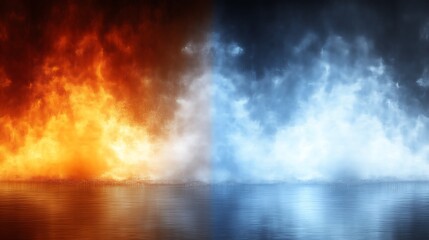 Fiery Inferno Meets Icy Mist Over Still Water