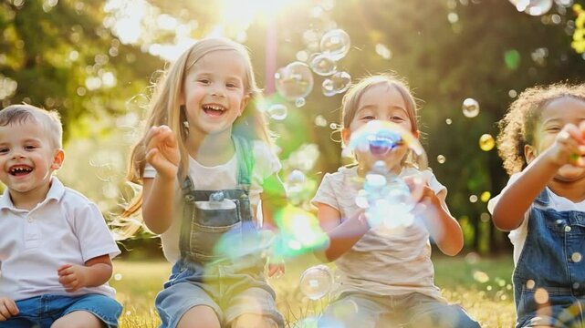 A group of happy children  play with bubbles in the sun  with a joyous expression.  The  beautiful outdoors provides a backdrop for this joyful activity.  