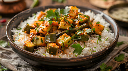 close up view of rice served with bhindi masala a popular Indian okra curry, with coriander
