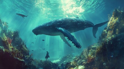 Fototapeta premium Humpback whale underwater in Caribbean
