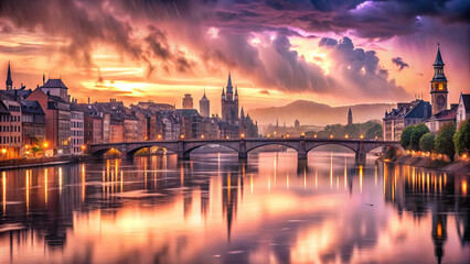 Fototapeta premium stunning twilight cityscape with vibrant sunset reflecting on water