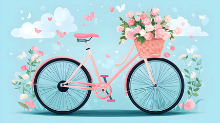 Fototapeta premium Charming pastel pink bicycle adorned with a basket of pink roses, butterflies, and flowers against a soft blue sky background, perfect for spring or summer designs.