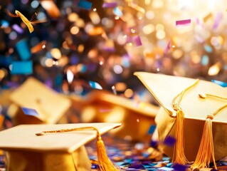 Naklejka premium Colorful confetti falls among graduation caps, celebrating achievement and new beginnings. A joyful moment captured in vibrant detail.
