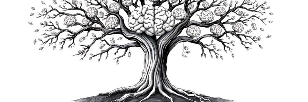A conceptual grayscale illustration of a tree with roots shaped like human brains, symbolizing inherited privilege and the concept of "nepo kids" being rooted in generational power and influence.

