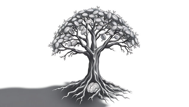 A conceptual grayscale illustration of a tree with roots shaped like human brains, symbolizing inherited privilege and the concept of "nepo kids" being rooted in generational power and influence.

