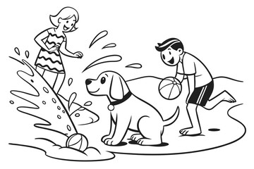 A puppy splashing water while a couple plays with it at the beach white background F.eps