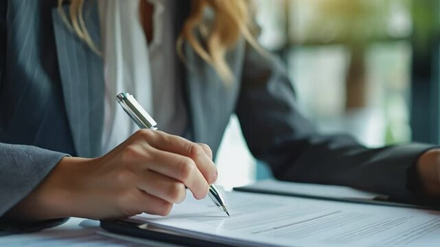 Close-up of a businesswoman's hand signing an important document, showcasing professionalism, focus, and meticulous attention to detail.  The image conveys trust.