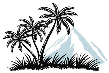 A vector logo sticker art illustration of three coconut trees with green leaves C.eps