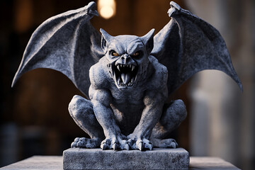 A detailed stone gargoyle sculpture with wings and fierce expression, often used in architecture.